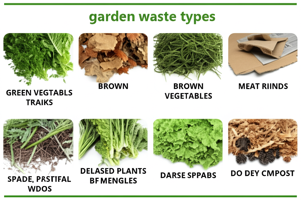 Various types of garden waste including leaves, branches, and grass clippings