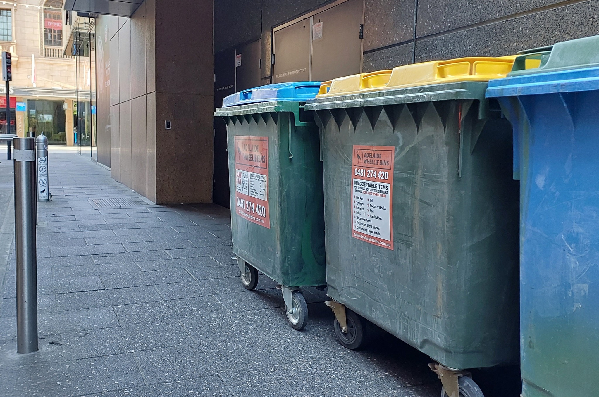 Adelaide Wheelie Bins 1100L bins awaiting collection near Rundle Mall in Adelaide CBD
