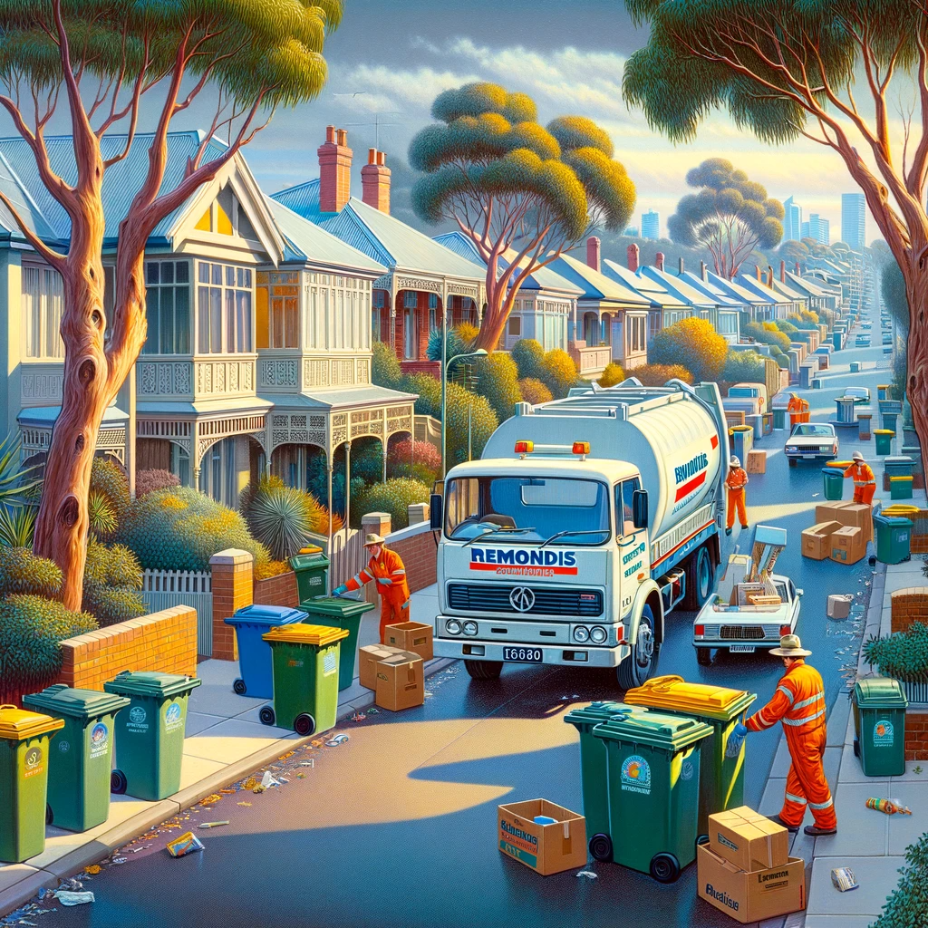 Remondis waste collection truck with wheelie bins in suburban Adelaide